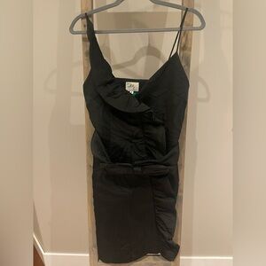 Milly Party Evening Dress Black Textured Ruffle Bow Mini Wrap Sheath